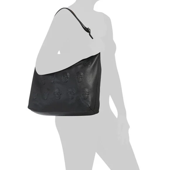 IO PELLE Made In Italy Black Skull Embossed Leather Hobo Shoulder Bag - Picture 5 of 6